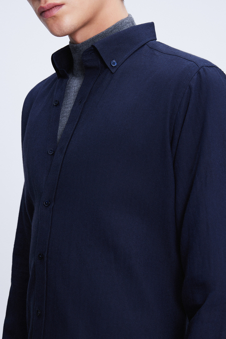 Lacivert Slim Fit Uzun Kol Düğmeli Yaka Flanel Gömlek - Hatem Saykı (1)