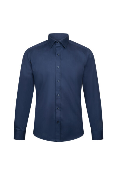 Lacivert Slim Fit Uzun Kollu 100% Pamuk Casual Flanel Gömlek 