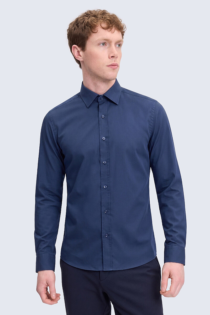 Lacivert Slim Fit Uzun Kollu 100% Pamuk Casual Flanel Gömlek