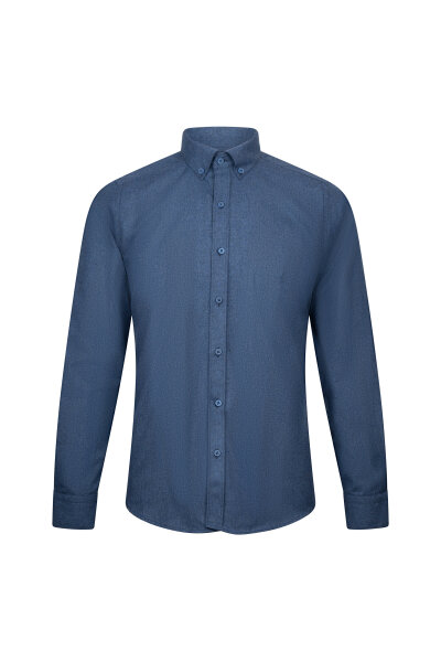 Lacivert Slim Fit Uzun Kollu Düğmeli Yaka Pamuklu Gömlek 