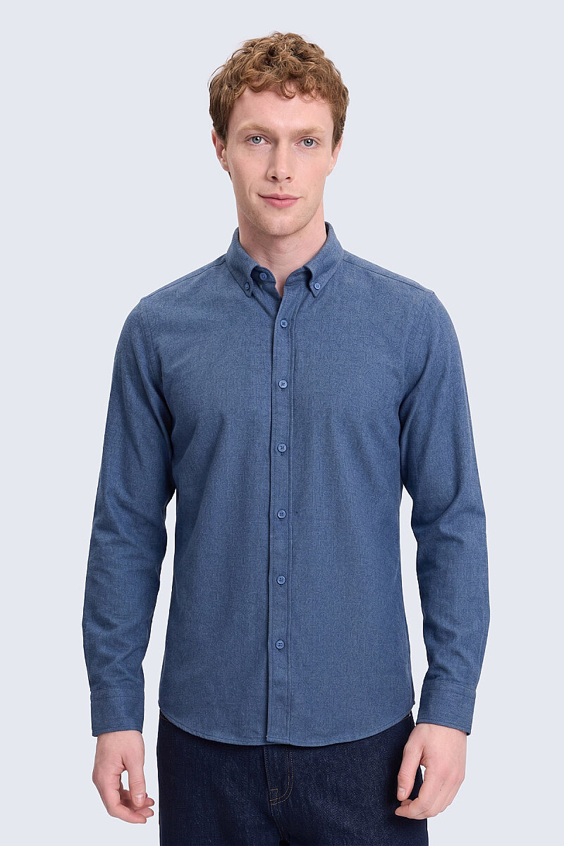 Lacivert Slim Fit Uzun Kollu Düğmeli Yaka Pamuklu Gömlek