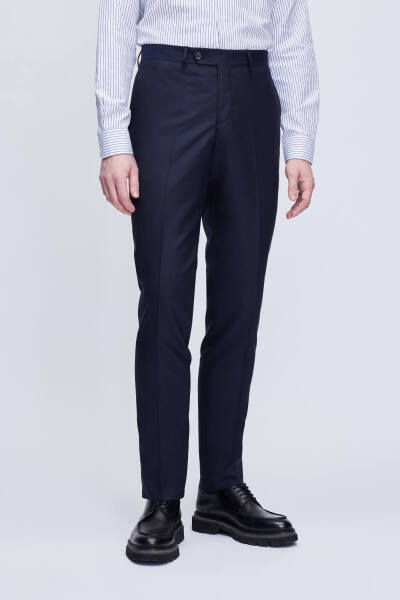 Lacivert Slim Fit Yandan Cepli Yünlü Kumaş Pantolon - 5