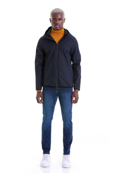 Lacivert Slim Fit Düz Kapüşonlu Polar Mont - 4