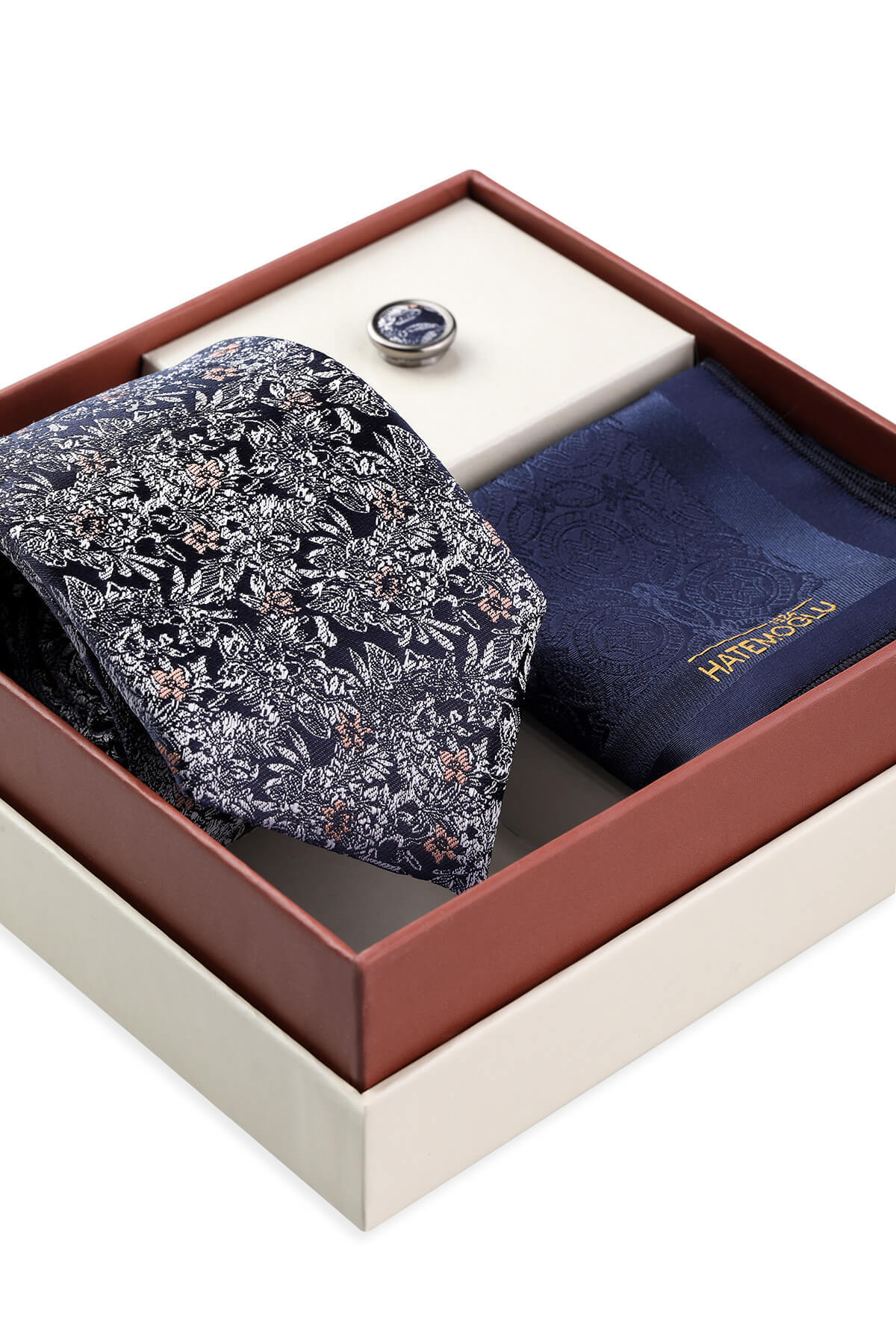 Lacivert Üçlü Yaka Rozeti Kravat Mendil Set - 2