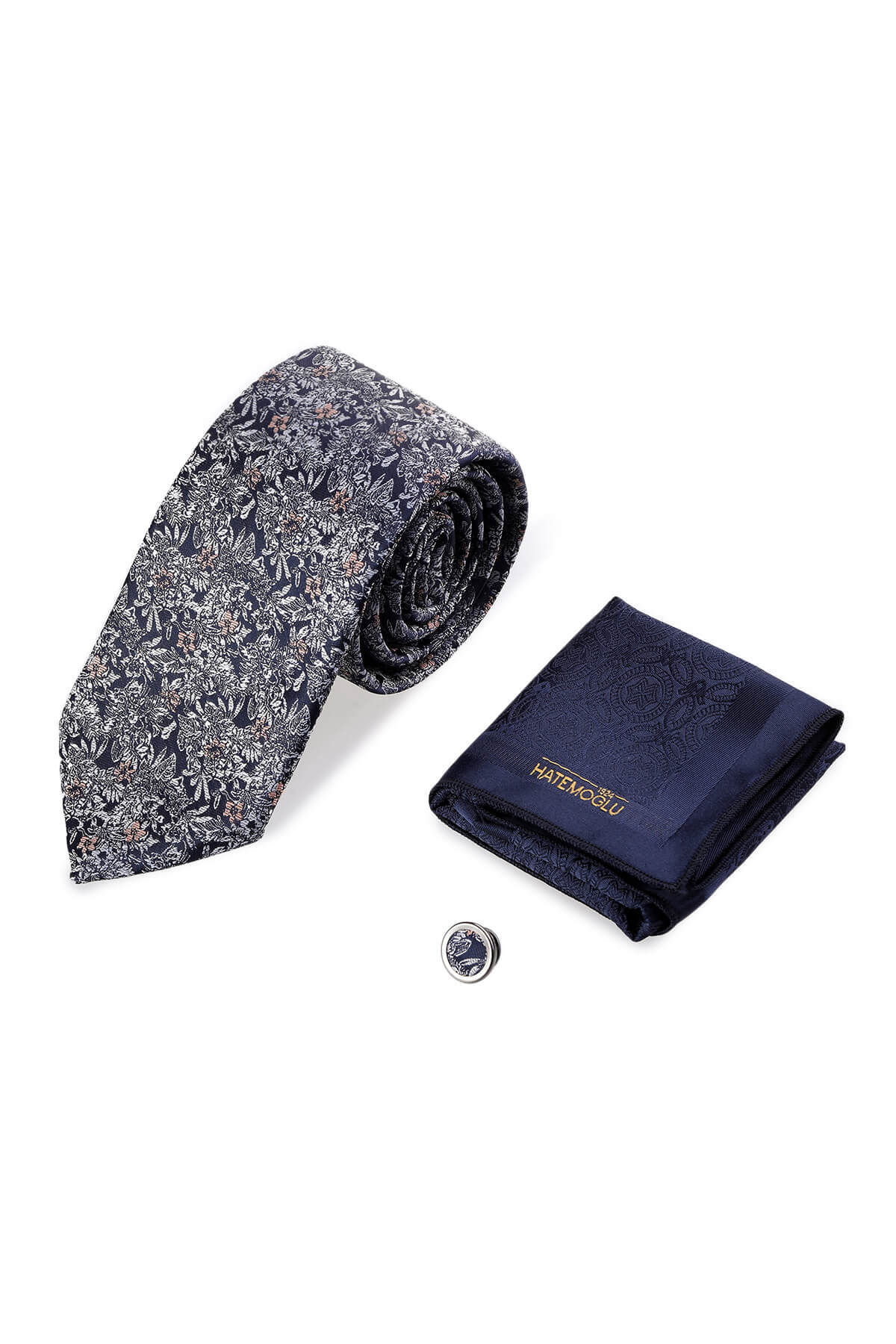 Lacivert Üçlü Yaka Rozeti Kravat Mendil Set - 3