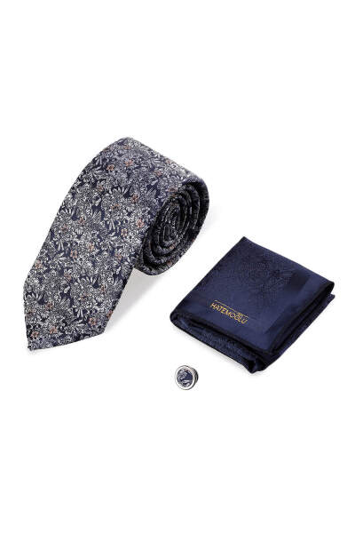 Lacivert Üçlü Yaka Rozeti Kravat Mendil Set - 3
