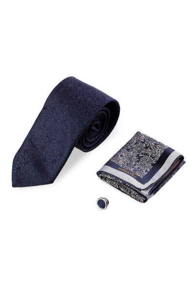 Lacivert Üçlü Yaka Rozeti Kravat Mendil Set - 3