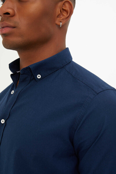Lacivert Slim Fit 100% Pamuk Uzun Kol Gömlek - 3