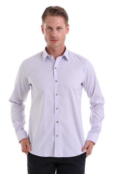 Lila Comfort Fit Çizgili %100 Pamuk Slim Yaka Uzun Kollu Gömlek 