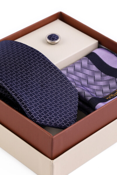 Lila Üçlü Yaka Rozeti Kravat Mendil Set - 6