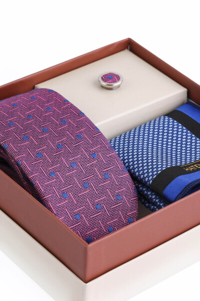 Lila Üçlü Yaka Rozeti Kravat Mendil Set - 4