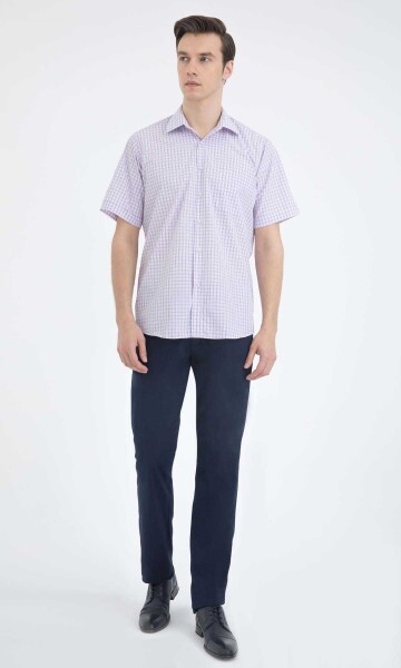 Lila Kareli Klasik Kısa Kol Gömlek - 7