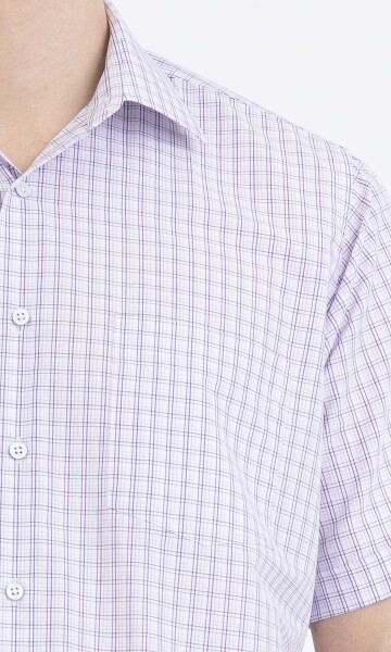 Lila Kareli Klasik Kısa Kol Gömlek - 9