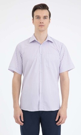 Lila Kareli Klasik Kısa Kol Gömlek - 10