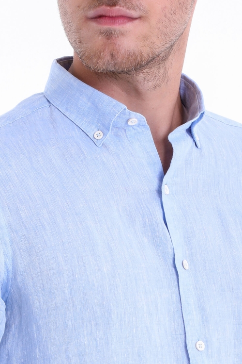 Mavi Comfort Fit Düz 100% Keten Düğmeli Yaka Uzun Kollu Casual Keten Gömlek - Thumbnail (2)