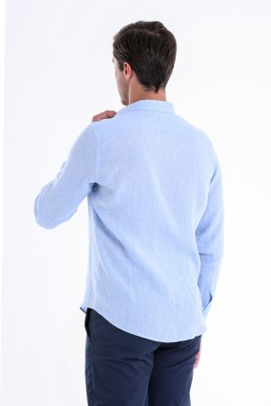 Mavi Comfort Fit Düz 100% Keten Düğmeli Yaka Uzun Kollu Casual Keten Gömlek - Thumbnail