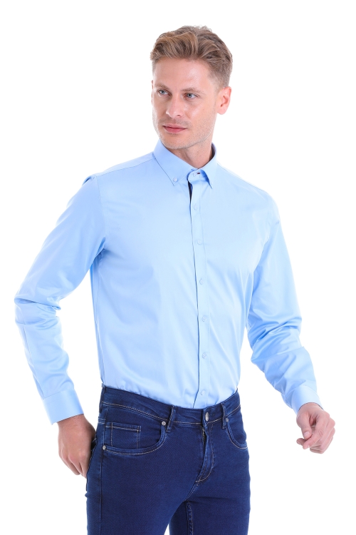 Mavi Comfort Fit Düz 100% Pamuk Slim Yaka Uzun Kollu Klasik Saten Gömlek - Thumbnail (2)
