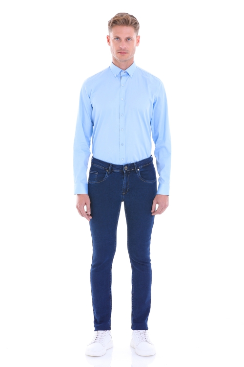 Mavi Comfort Fit Düz 100% Pamuk Slim Yaka Uzun Kollu Klasik Saten Gömlek - Thumbnail (3)