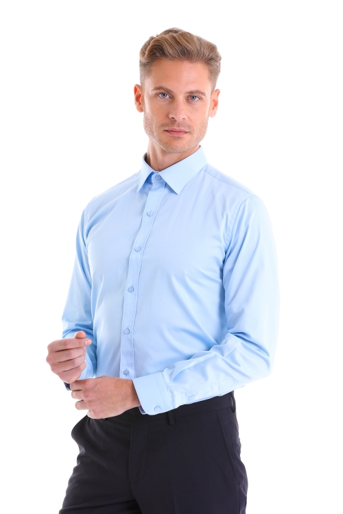 Mavi Comfort Fit Düz 100% Pamuk Slim Yaka Uzun Kollu Klasik Saten Gömlek - Thumbnail (3)