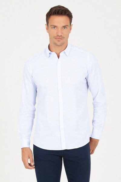 Mavi Slim Fit Baskılı Uzun Kol Keten Gömlek - 1