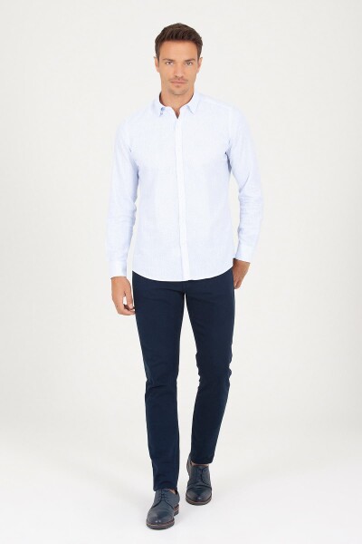 Mavi Slim Fit Baskılı Uzun Kol Keten Gömlek - 3