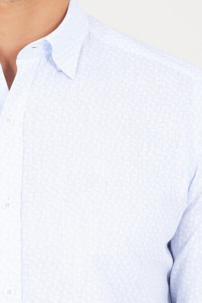 Mavi Slim Fit Baskılı Uzun Kol Keten Gömlek - 4