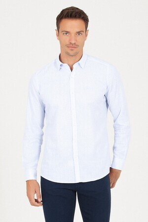 Mavi Slim Fit Baskılı Uzun Kol Keten Gömlek - 6