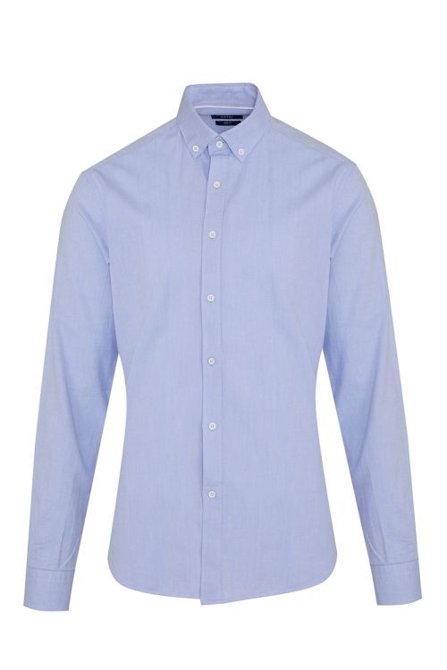 Hatem Saykı - Mavi Slim Fit Düz 100% Pamuk Düğmeli Yaka Uzun Kollu Casual Gömlek
