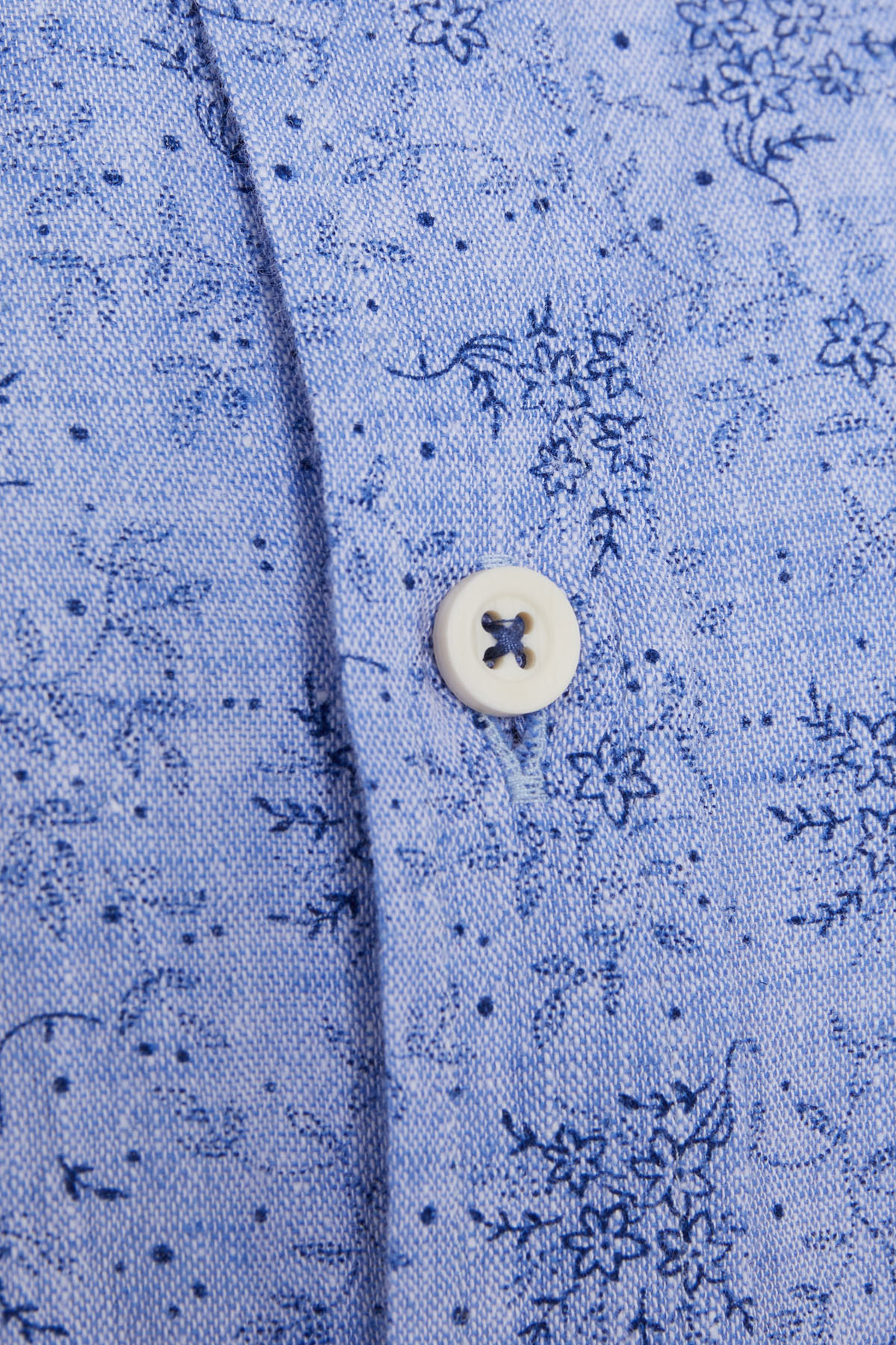 Mavi Slim Fit Baskılı Düğmeli Yaka Uzun Kollu Casual Keten Gömlek