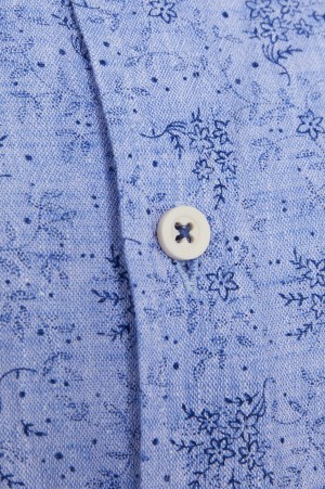 Mavi Slim Fit Baskılı Düğmeli Yaka Uzun Kollu Casual Keten Gömlek - Thumbnail