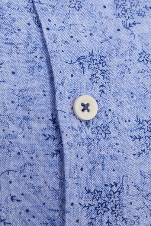 Mavi Slim Fit Baskılı Düğmeli Yaka Uzun Kollu Casual Keten Gömlek - Thumbnail (2)