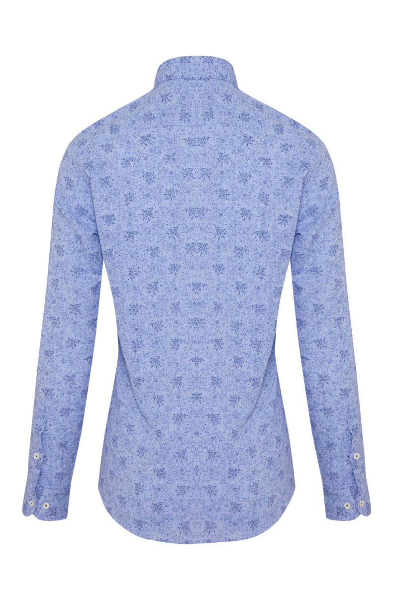Mavi Slim Fit Baskılı Düğmeli Yaka Uzun Kollu Casual Keten Gömlek - Hatemoğlu (1)