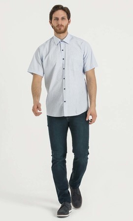 Mavi Çizgili Klasik Kısa Kol Gömlek - 6