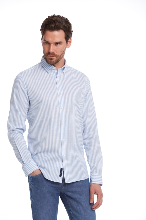 Hatem Saykı - Mavi Comfort Fit Çizgili 100% Pamuk Düğmeli Yaka Uzun Kollu Casual Gömlek