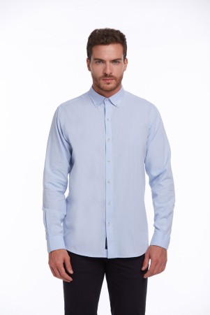 Mavi Comfort Fit Düz 100% Pamuk Düğmeli Yaka Uzun Kollu Casual Oxford Gömlek - Thumbnail