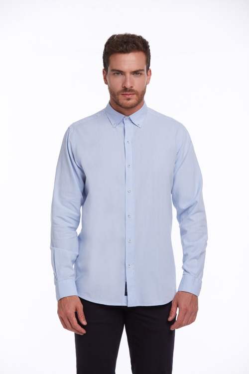 Hatem Saykı - Mavi Comfort Fit Düz 100% Pamuk Düğmeli Yaka Uzun Kollu Casual Oxford Gömlek
