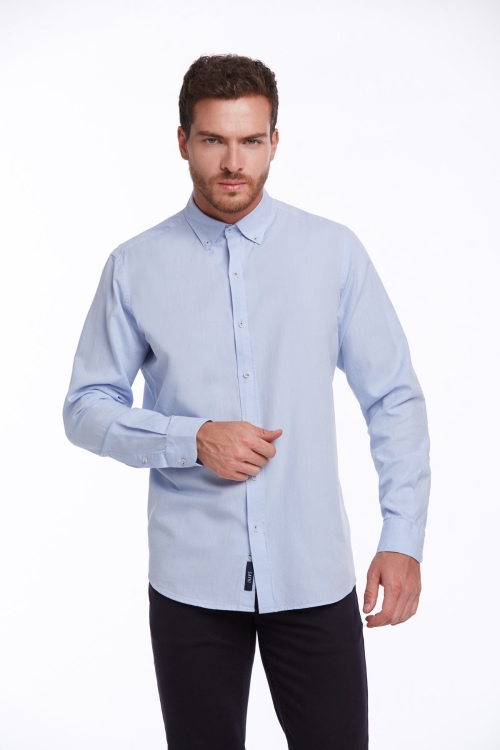 Mavi Comfort Fit Düz 100% Pamuk Düğmeli Yaka Uzun Kollu Casual Oxford Gömlek - Thumbnail (1)