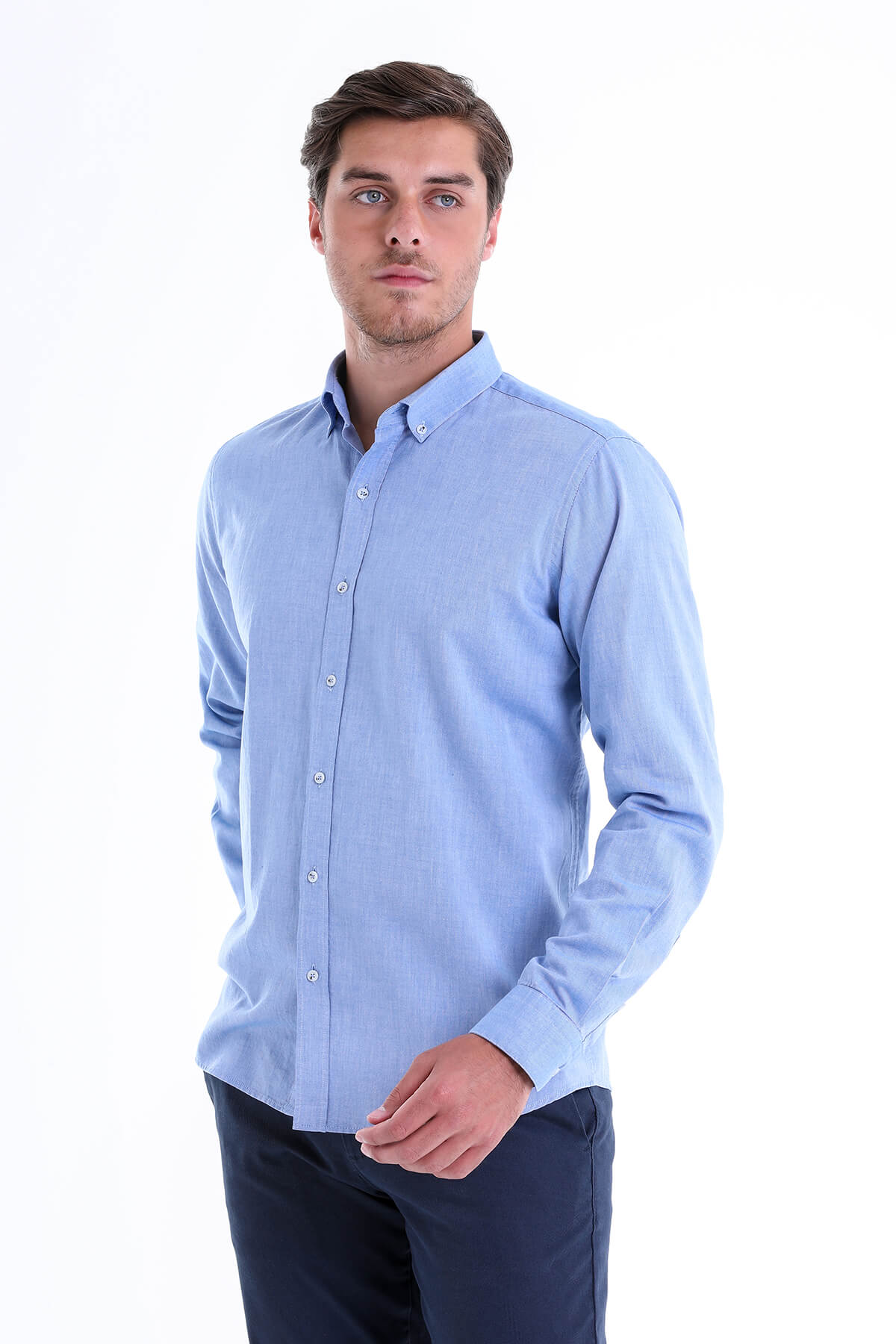 Mavi Comfort Fit Düz 100% Pamuk Düğmeli Yaka Uzun Kollu Casual Oxford Gömlek