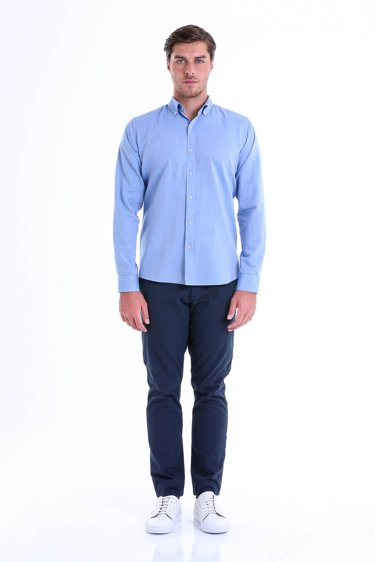 Mavi Comfort Fit Düz 100% Pamuk Düğmeli Yaka Uzun Kollu Casual Oxford Gömlek