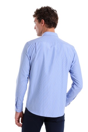 Mavi Comfort Fit Çizgili Pamuklu Slim Yaka Uzun Kollu Klasik Gömlek - Thumbnail