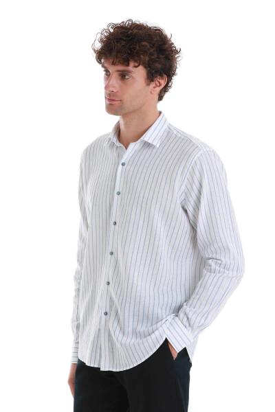 Mavi Comfort Fit Çizgili Slim Yaka Uzun Kollu Keten Gömlek - 3