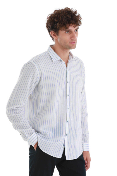 Mavi Comfort Fit Çizgili Slim Yaka Uzun Kollu Keten Gömlek - 4