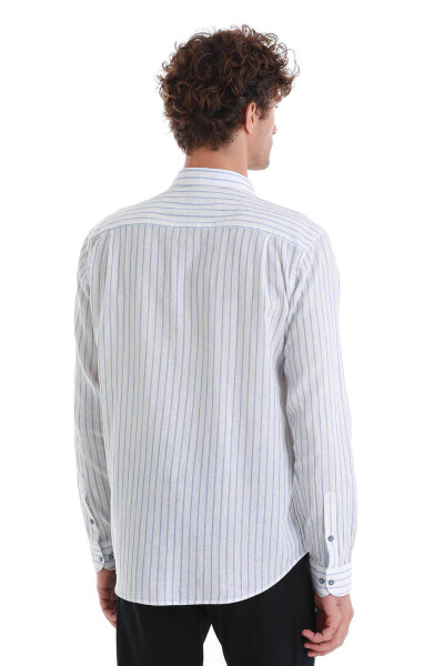 Mavi Comfort Fit Çizgili Slim Yaka Uzun Kollu Keten Gömlek - 6