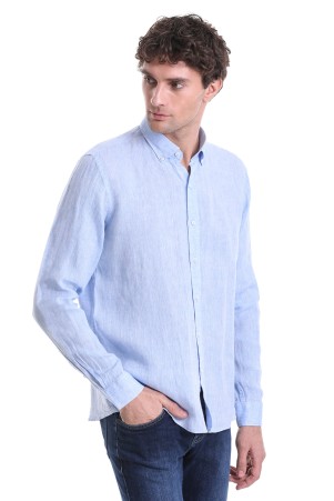 Mavi Comfort Fit Düz 100% Keten Düğmeli Yaka Uzun Kollu Casual Gömlek - Thumbnail