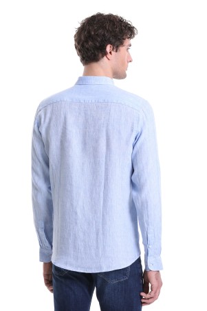 Mavi Comfort Fit Düz 100% Keten Düğmeli Yaka Uzun Kollu Casual Gömlek - Thumbnail