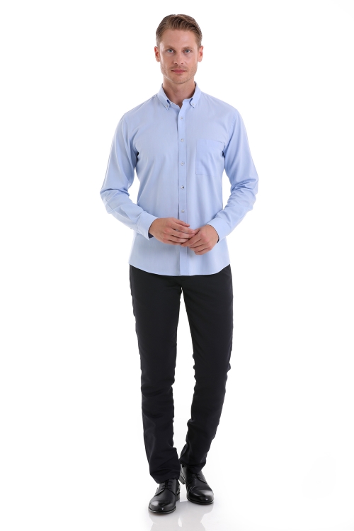 Mavi Comfort Fit Düz 100% Pamuk Düğmeli Yaka Uzun Kollu Casual Oxford Gömlek - Thumbnail (1)