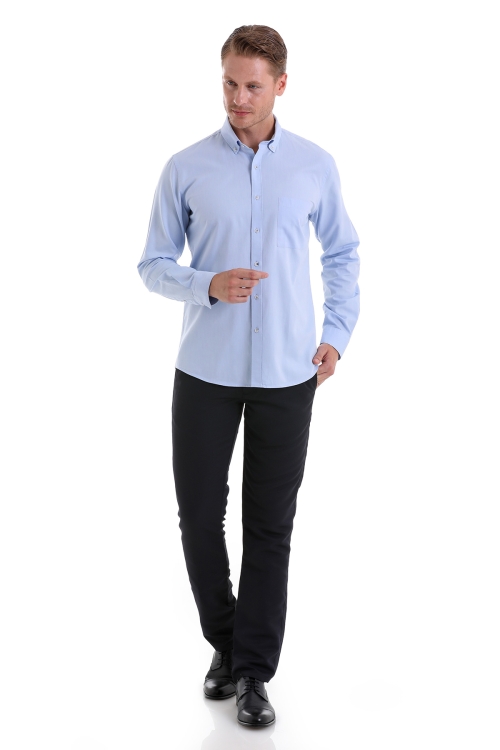 Mavi Comfort Fit Düz 100% Pamuk Düğmeli Yaka Uzun Kollu Casual Oxford Gömlek - Thumbnail (3)