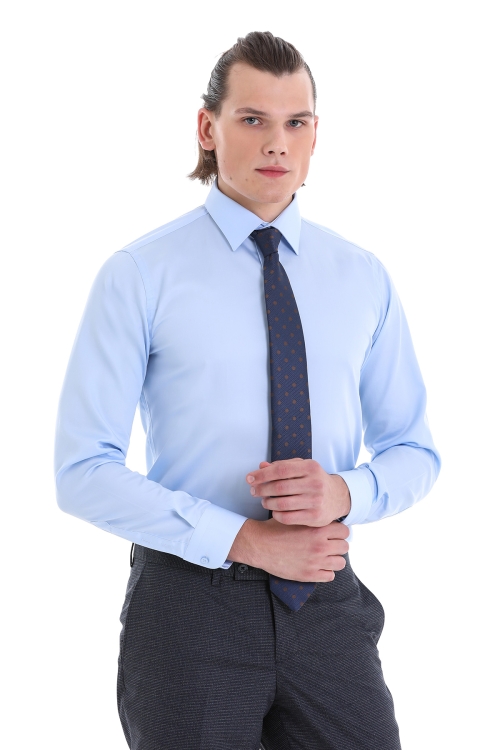 Hatem Saykı - Mavi Comfort Fit Düz 100% Pamuk Düğmeli Yaka Uzun Kollu Saten Gömlek