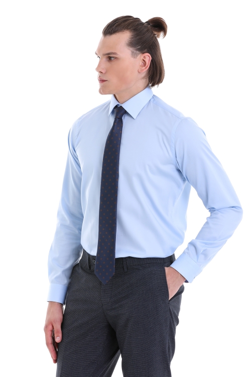 Mavi Comfort Fit Düz 100% Pamuk Düğmeli Yaka Uzun Kollu Saten Gömlek - Thumbnail (2)
