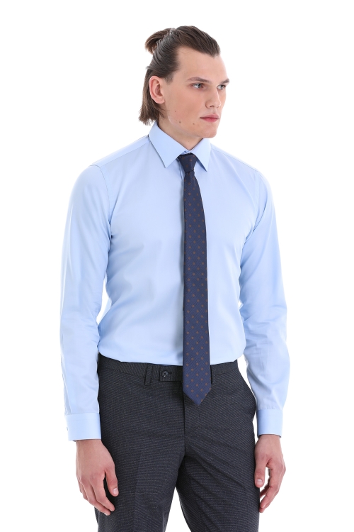 Mavi Comfort Fit Düz 100% Pamuk Düğmeli Yaka Uzun Kollu Saten Gömlek - Thumbnail (3)